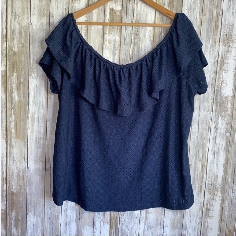 Lane Bryant Classic Ruffle Off-The-Shoulder Eyelet Knit Top - Picture 2 of 6
